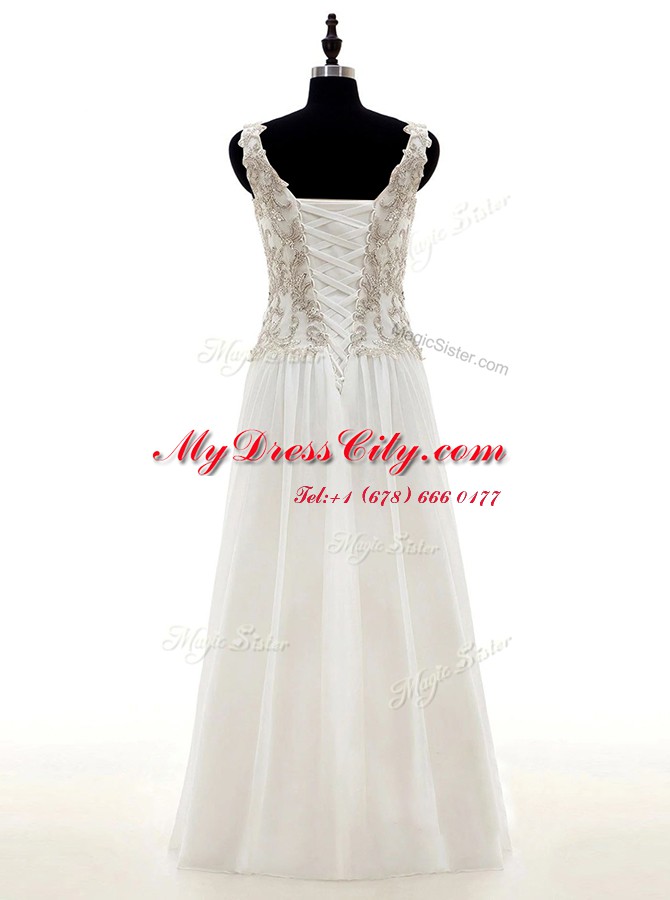 White Lace Up Bridal Gown Beading and Lace and Appliques Long Sleeves Floor Length