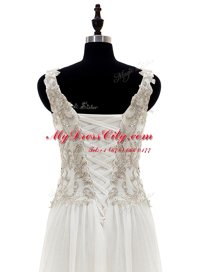 White Lace Up Bridal Gown Beading and Lace and Appliques Long Sleeves Floor Length