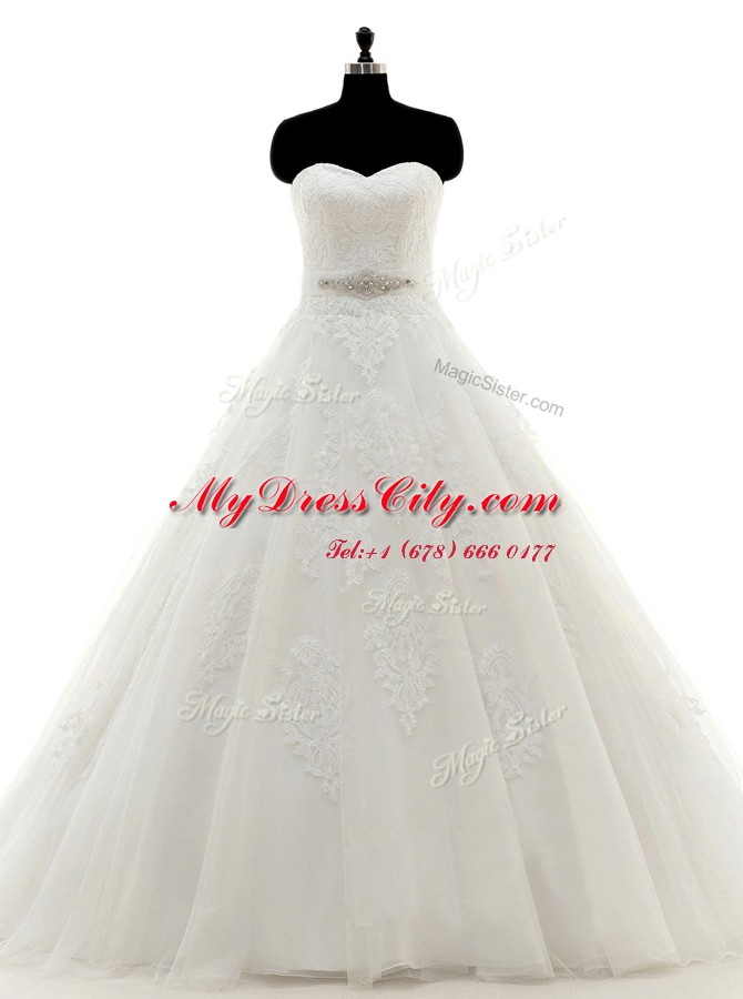 Pretty Tulle Sweetheart Sleeveless Brush Train Clasp Handle Beading and Lace and Appliques Bridal Gown in White