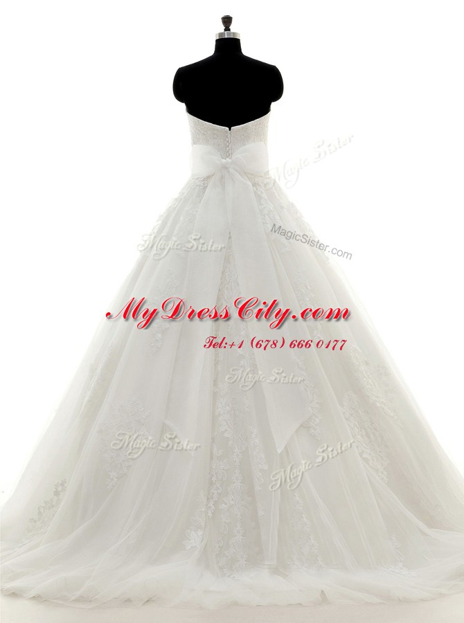 Pretty Tulle Sweetheart Sleeveless Brush Train Clasp Handle Beading and Lace and Appliques Bridal Gown in White