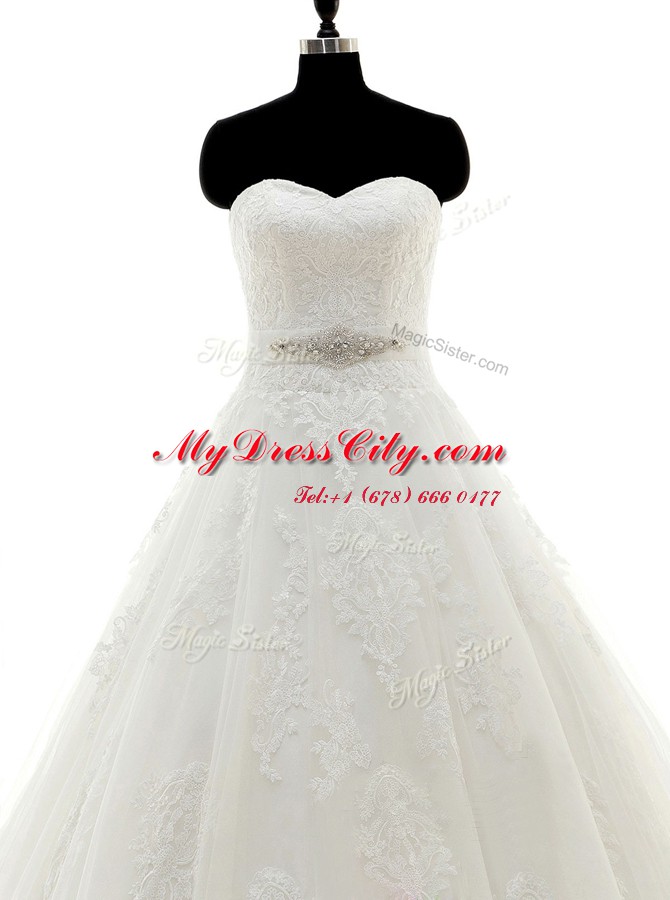 Pretty Tulle Sweetheart Sleeveless Brush Train Clasp Handle Beading and Lace and Appliques Bridal Gown in White