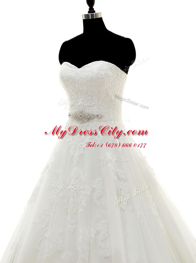 Pretty Tulle Sweetheart Sleeveless Brush Train Clasp Handle Beading and Lace and Appliques Bridal Gown in White