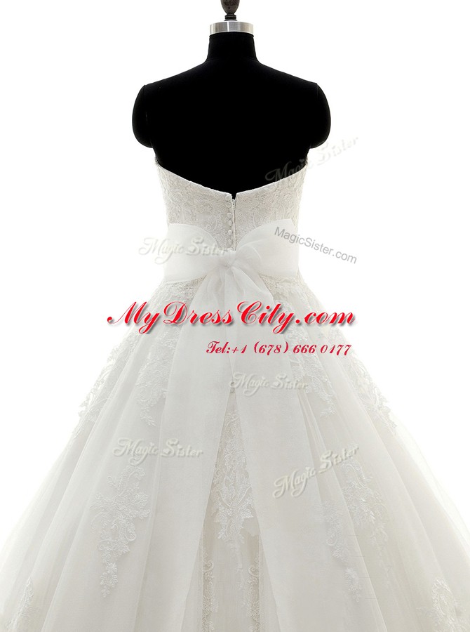 Pretty Tulle Sweetheart Sleeveless Brush Train Clasp Handle Beading and Lace and Appliques Bridal Gown in White