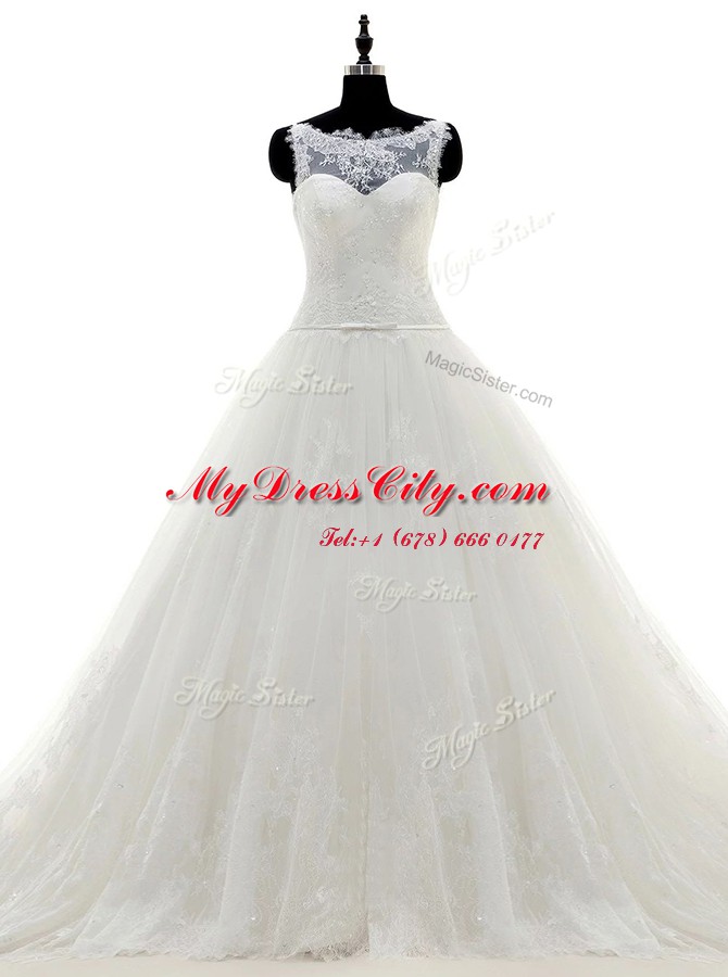 Suitable Scoop With Train Zipper Wedding Gown White for Wedding Party with Appliques Brush Train