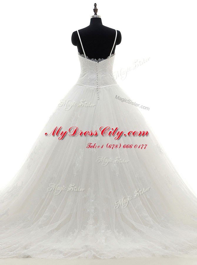 Suitable Scoop With Train Zipper Wedding Gown White for Wedding Party with Appliques Brush Train