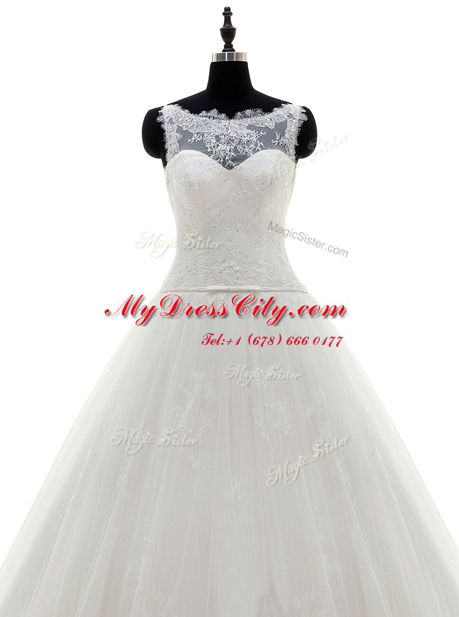 Suitable Scoop With Train Zipper Wedding Gown White for Wedding Party with Appliques Brush Train