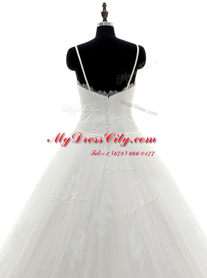 Suitable Scoop With Train Zipper Wedding Gown White for Wedding Party with Appliques Brush Train