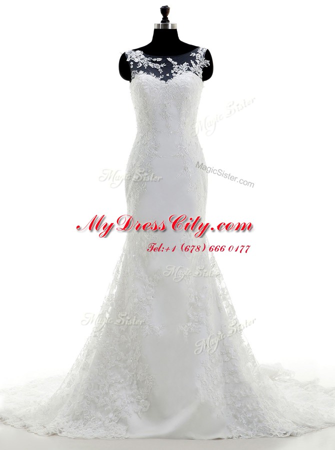 Pretty Mermaid Scoop With Train White Bridal Gown Lace Brush Train Sleeveless Lace and Appliques