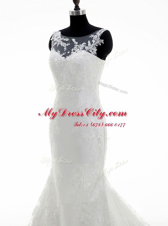 Pretty Mermaid Scoop With Train White Bridal Gown Lace Brush Train Sleeveless Lace and Appliques