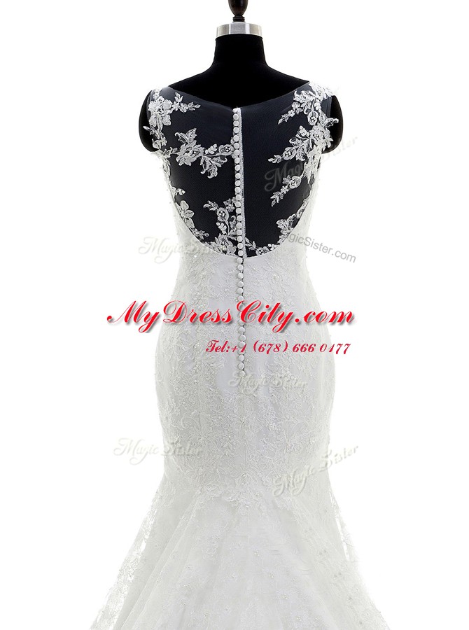 Pretty Mermaid Scoop With Train White Bridal Gown Lace Brush Train Sleeveless Lace and Appliques