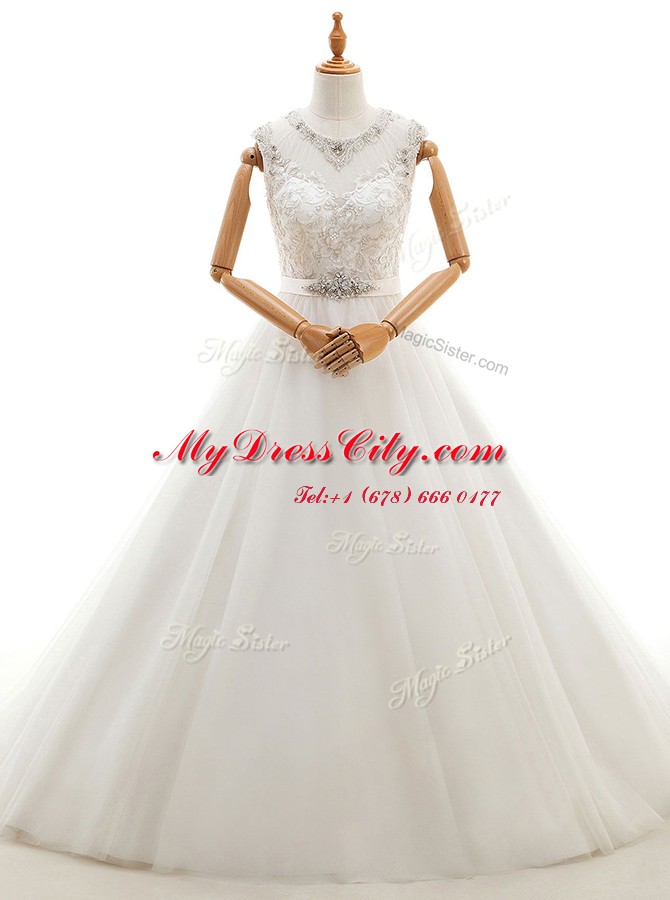 Scoop White Sleeveless Tulle Brush Train Clasp Handle Wedding Gowns for Wedding Party