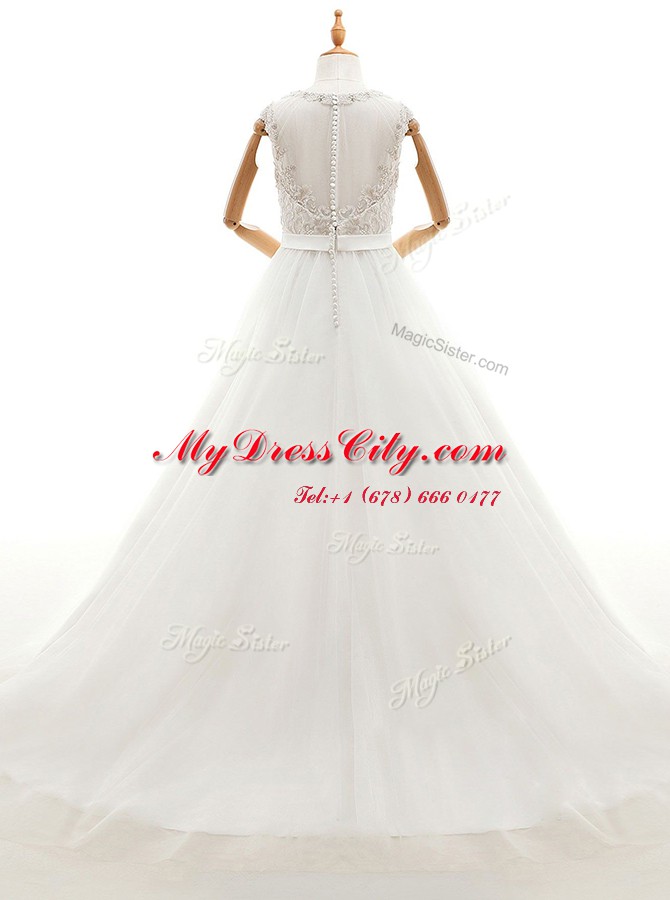 Scoop White Sleeveless Tulle Brush Train Clasp Handle Wedding Gowns for Wedding Party