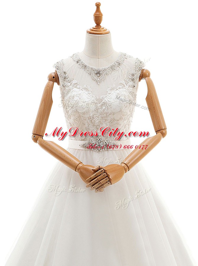 Scoop White Sleeveless Tulle Brush Train Clasp Handle Wedding Gowns for Wedding Party