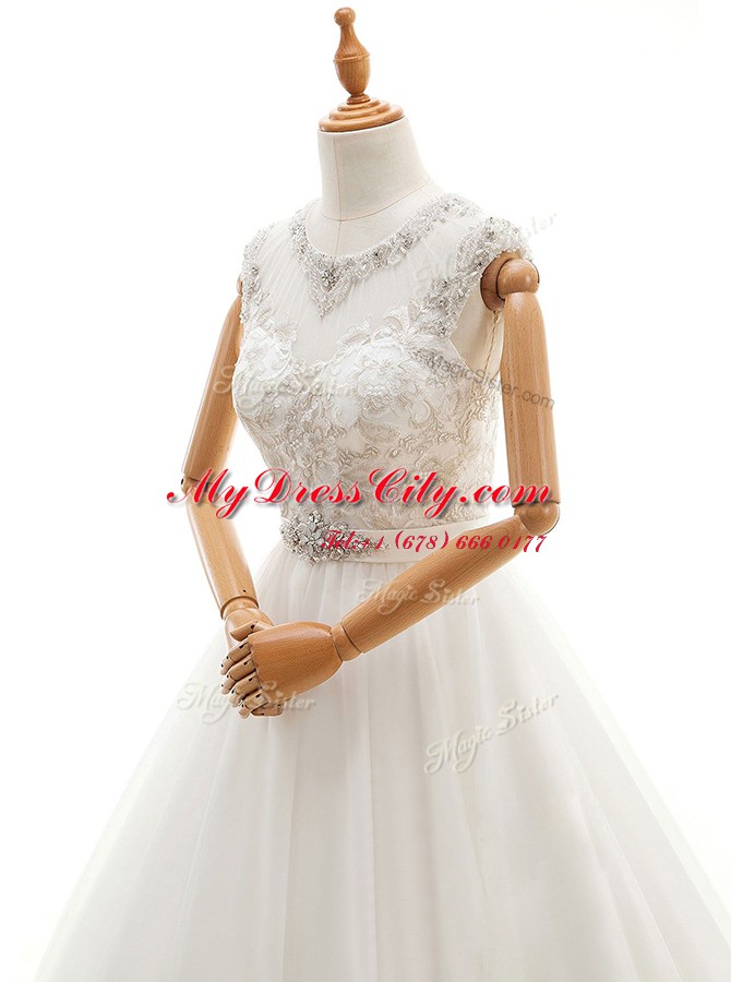 Scoop White Sleeveless Tulle Brush Train Clasp Handle Wedding Gowns for Wedding Party