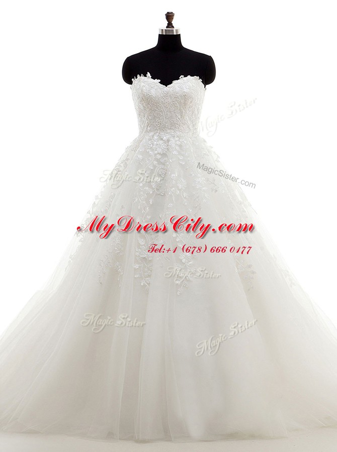 Shining Sleeveless Brush Train Lace and Appliques Clasp Handle Bridal Gown