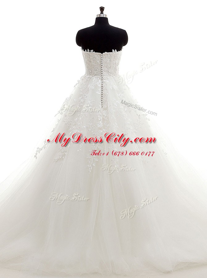 Shining Sleeveless Brush Train Lace and Appliques Clasp Handle Bridal Gown