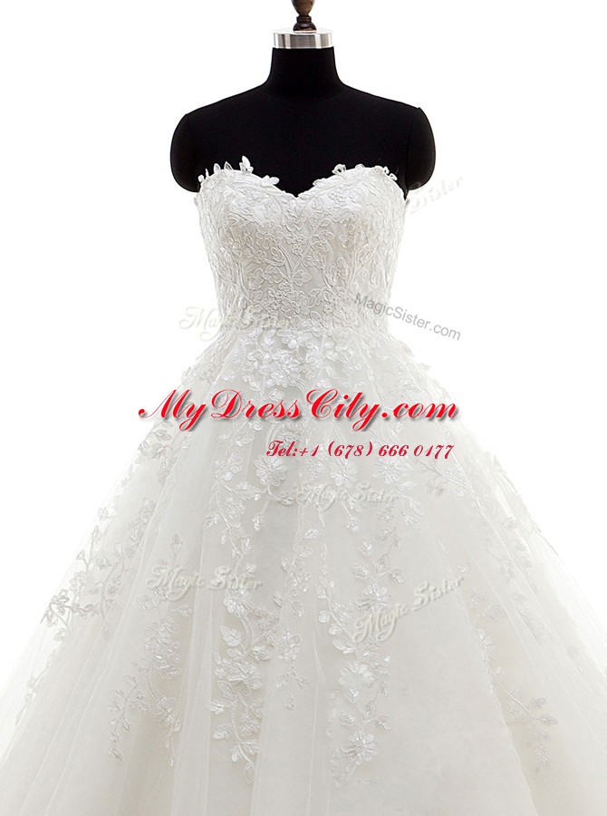 Shining Sleeveless Brush Train Lace and Appliques Clasp Handle Bridal Gown