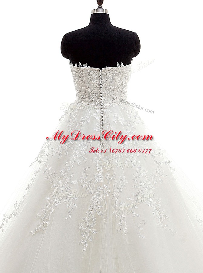 Shining Sleeveless Brush Train Lace and Appliques Clasp Handle Bridal Gown