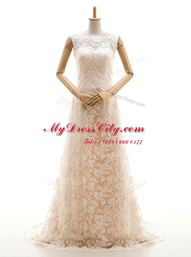 Artistic Sweep Train Column/Sheath Wedding Gowns Champagne Bateau Lace Sleeveless With Train Clasp Handle