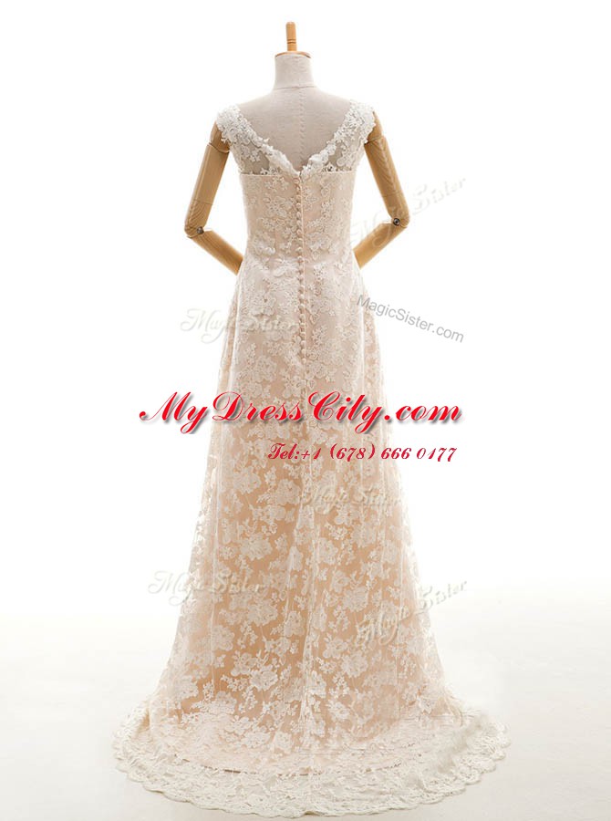 Artistic Sweep Train Column/Sheath Wedding Gowns Champagne Bateau Lace Sleeveless With Train Clasp Handle