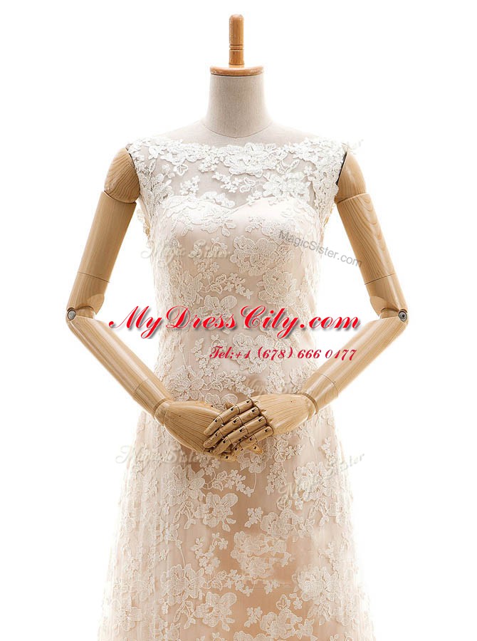 Artistic Sweep Train Column/Sheath Wedding Gowns Champagne Bateau Lace Sleeveless With Train Clasp Handle