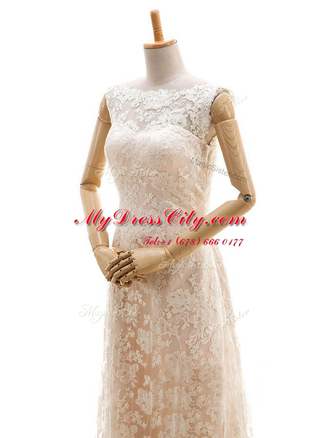 Artistic Sweep Train Column/Sheath Wedding Gowns Champagne Bateau Lace Sleeveless With Train Clasp Handle