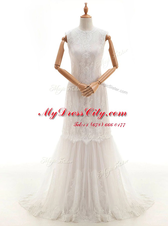 Sexy High-neck Sleeveless Wedding Gown With Brush Train Lace White Lace