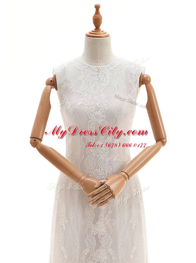 Sexy High-neck Sleeveless Wedding Gown With Brush Train Lace White Lace