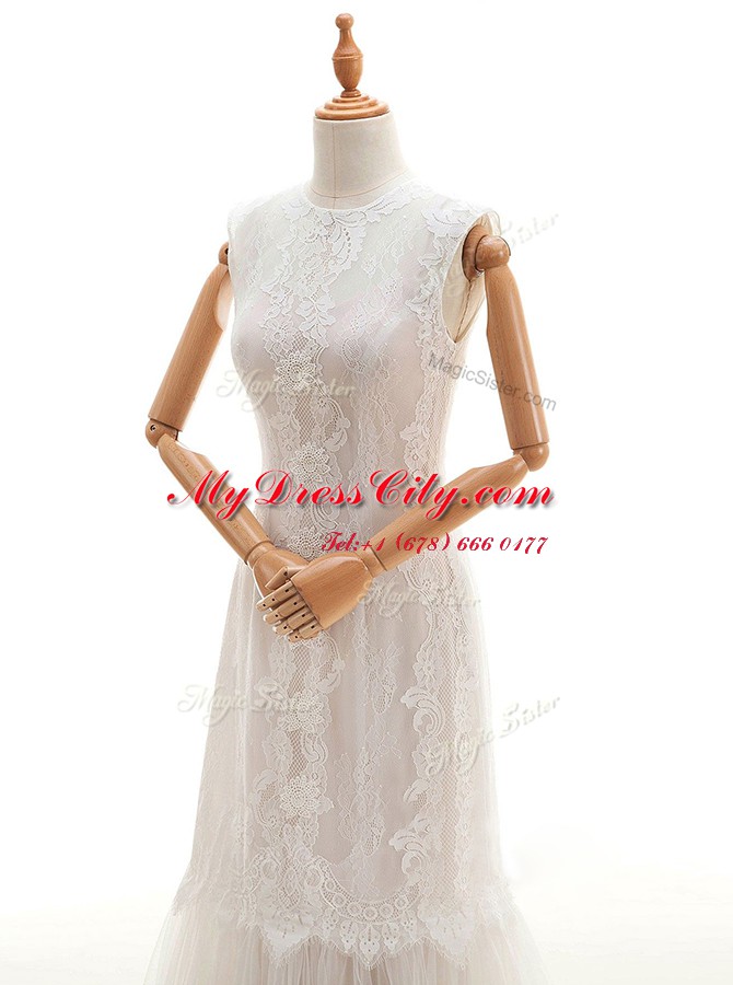 Sexy High-neck Sleeveless Wedding Gown With Brush Train Lace White Lace