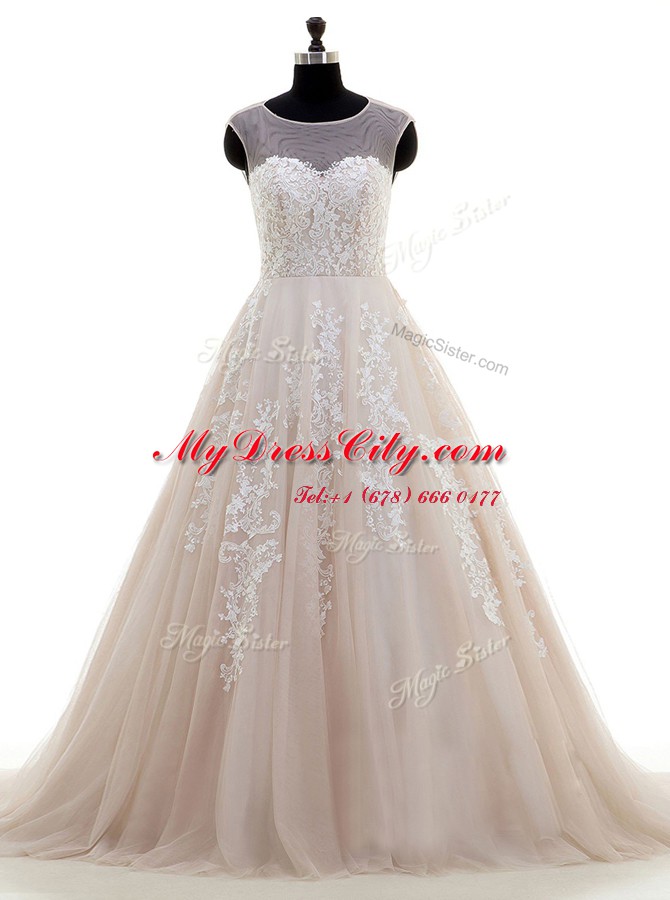 Stunning Peach Tulle Zipper Scoop Cap Sleeves With Train Wedding Dress Brush Train Lace and Appliques