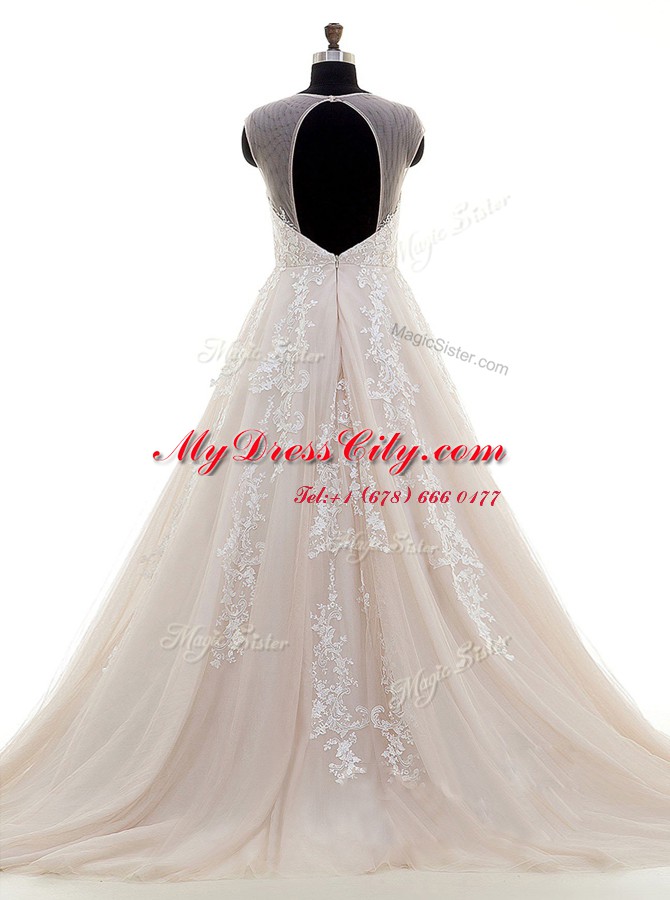 Stunning Peach Tulle Zipper Scoop Cap Sleeves With Train Wedding Dress Brush Train Lace and Appliques