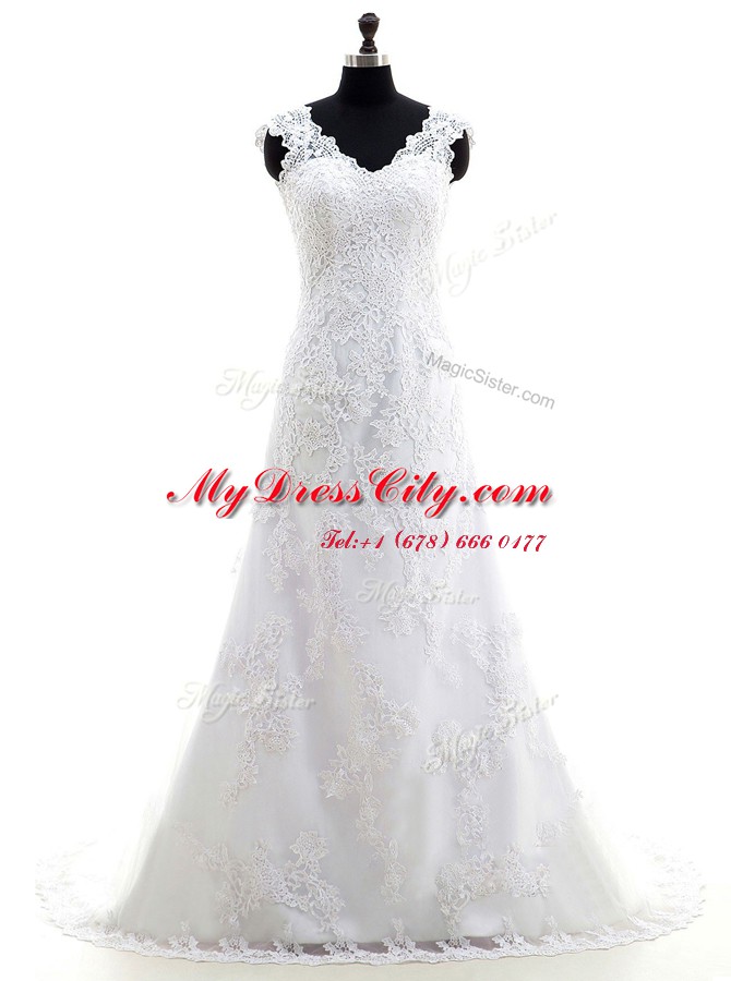 High Class Lace With Train Column/Sheath Sleeveless Lilac Wedding Gowns Brush Train Clasp Handle