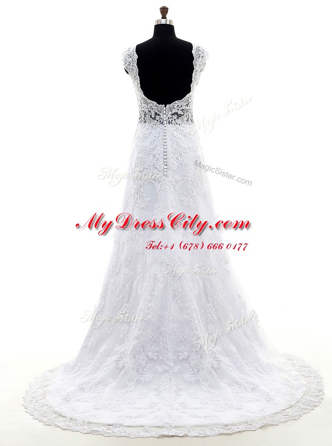 High Class Lace With Train Column/Sheath Sleeveless Lilac Wedding Gowns Brush Train Clasp Handle