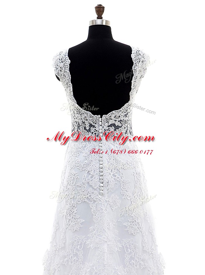 High Class Lace With Train Column/Sheath Sleeveless Lilac Wedding Gowns Brush Train Clasp Handle