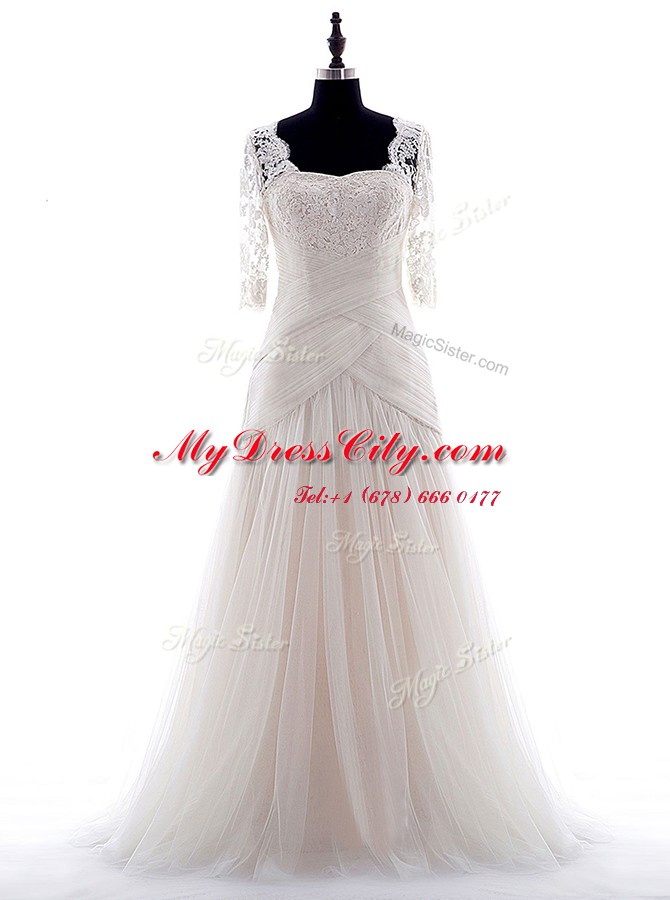 Square Half Sleeves Tulle Wedding Dresses Lace Brush Train Zipper