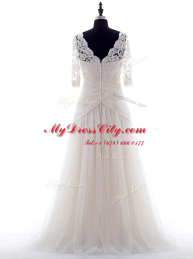 Square Half Sleeves Tulle Wedding Dresses Lace Brush Train Zipper