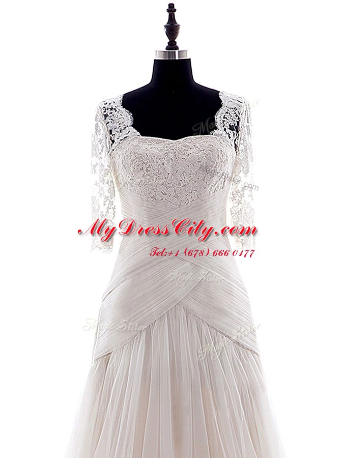 Square Half Sleeves Tulle Wedding Dresses Lace Brush Train Zipper