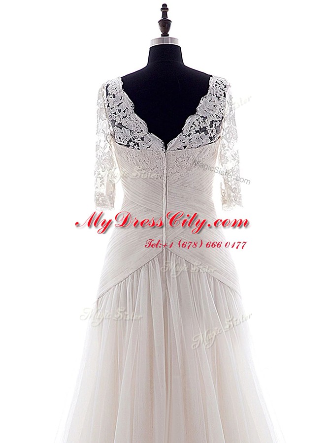 Square Half Sleeves Tulle Wedding Dresses Lace Brush Train Zipper