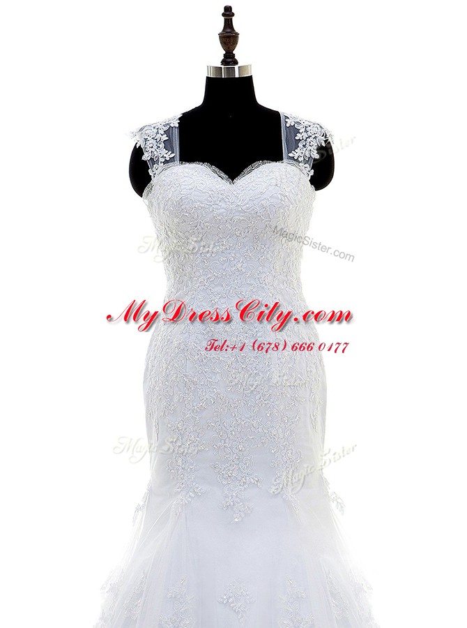 Mermaid White Wedding Gown Wedding Party and For with Beading and Lace and Appliques Square Sleeveless Brush Train Zipper