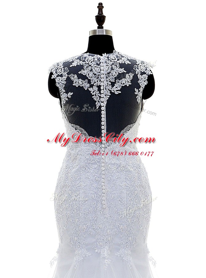 Mermaid White Wedding Gown Wedding Party and For with Beading and Lace and Appliques Square Sleeveless Brush Train Zipper