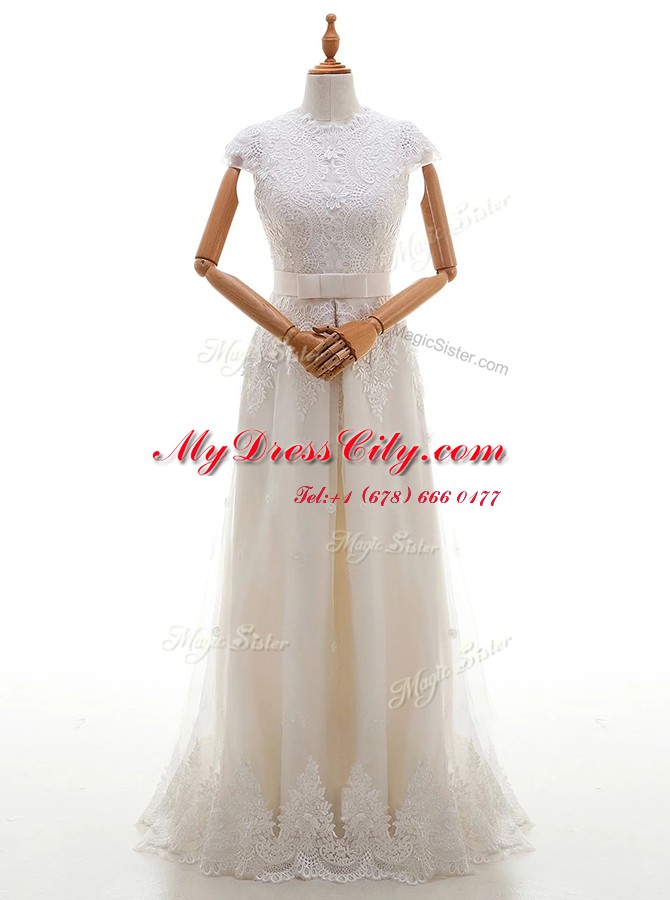 Most Popular Scoop Lace With Train Empire Cap Sleeves White Wedding Gowns Brush Train Zipper