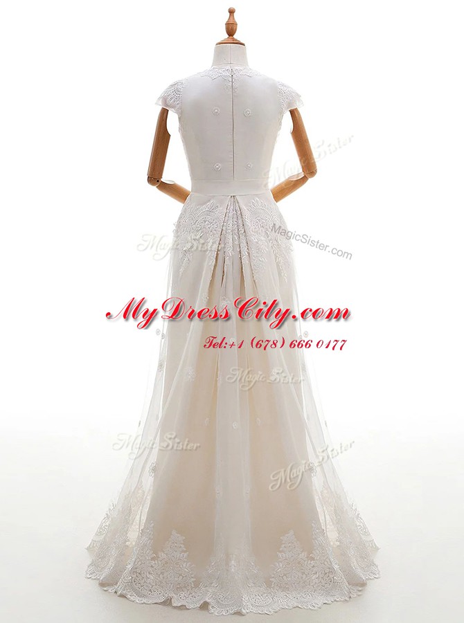 Most Popular Scoop Lace With Train Empire Cap Sleeves White Wedding Gowns Brush Train Zipper