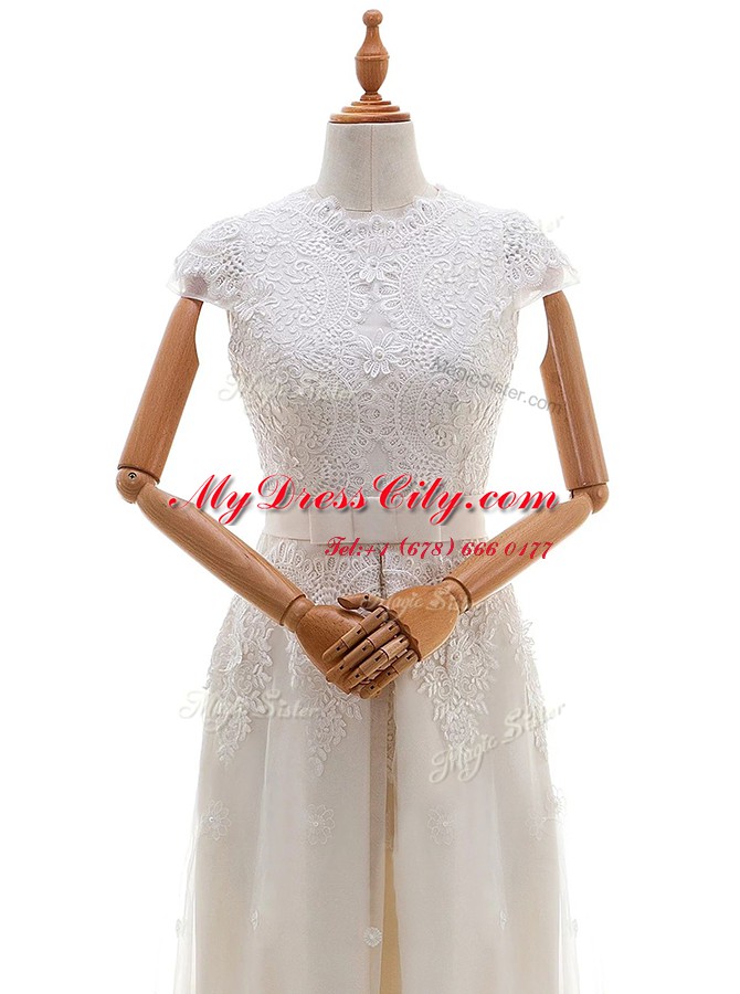 Most Popular Scoop Lace With Train Empire Cap Sleeves White Wedding Gowns Brush Train Zipper