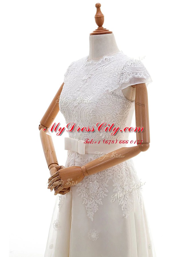 Most Popular Scoop Lace With Train Empire Cap Sleeves White Wedding Gowns Brush Train Zipper