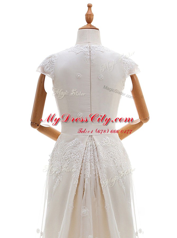 Most Popular Scoop Lace With Train Empire Cap Sleeves White Wedding Gowns Brush Train Zipper