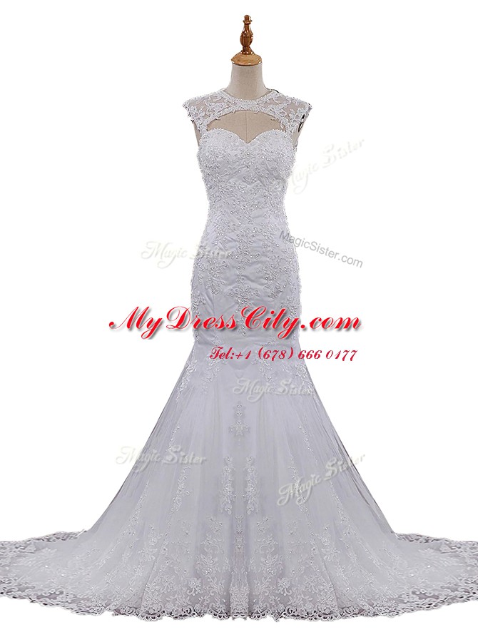 Latest Mermaid White Lace Clasp Handle Scoop Sleeveless With Train Bridal Gown Brush Train Beading and Lace