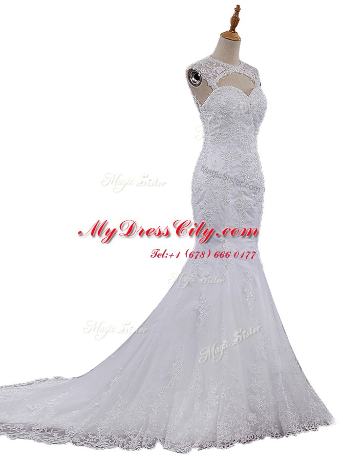 Latest Mermaid White Lace Clasp Handle Scoop Sleeveless With Train Bridal Gown Brush Train Beading and Lace