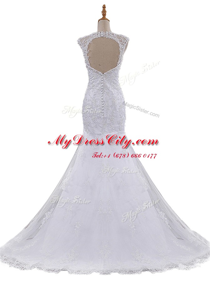 Latest Mermaid White Lace Clasp Handle Scoop Sleeveless With Train Bridal Gown Brush Train Beading and Lace