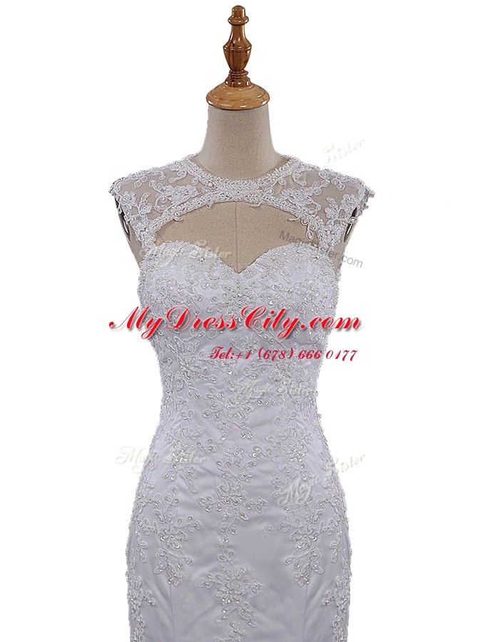 Latest Mermaid White Lace Clasp Handle Scoop Sleeveless With Train Bridal Gown Brush Train Beading and Lace