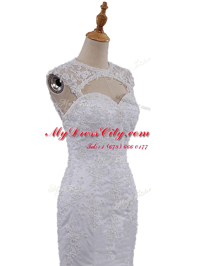 Latest Mermaid White Lace Clasp Handle Scoop Sleeveless With Train Bridal Gown Brush Train Beading and Lace